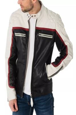 Black and white leather biker jacket moto style zip-up jacket quilted 1