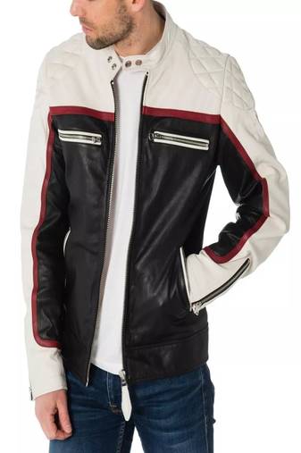 men's black and white lambskin leather biker jacket premium quilted