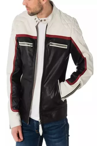 Black and white leather biker jacket moto style zip-up jacket quilted