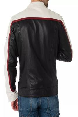 Black and white leather biker jacket moto style zip-up jacket quilted 2