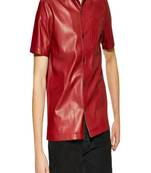 Men’s red genuine leather shirt  slim fit button-up casual biker style leather shirt