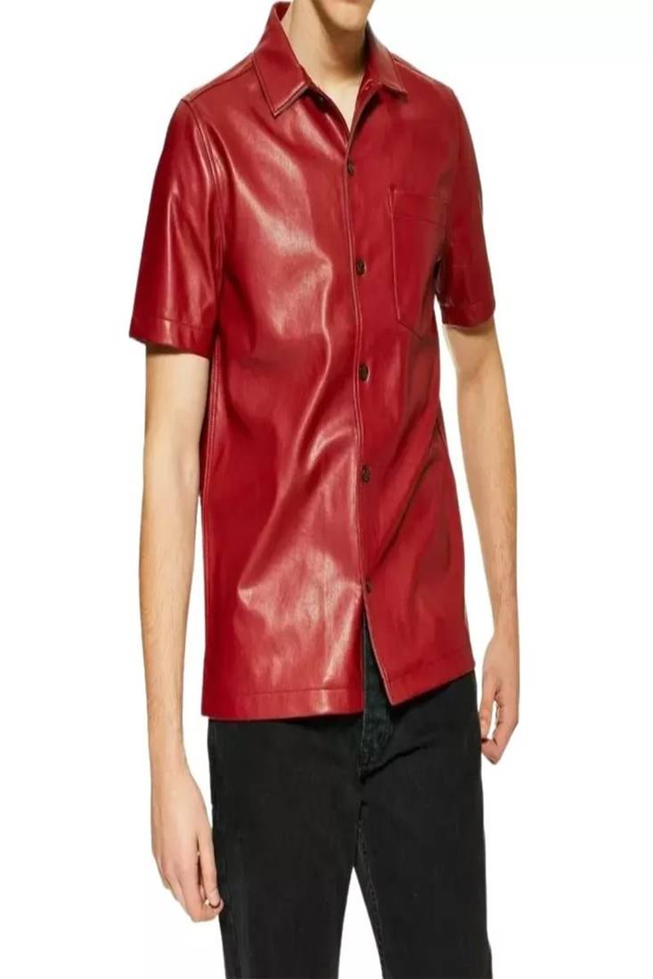 Men’s red genuine leather shirt  slim fit button-up casual biker style leather shirt
