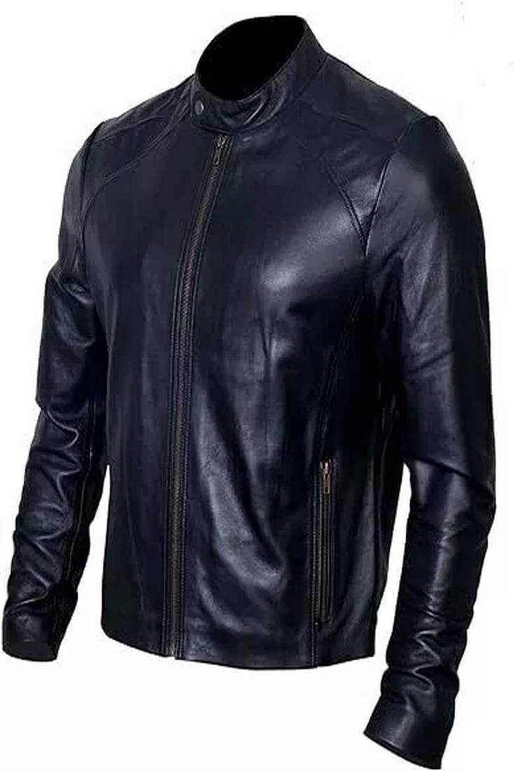 Men’s genuine leather biker jacket slim fit moto style zip-up jacket