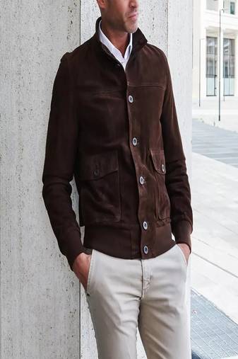 Men’s brown suede leather jacket –slim fit  genuine leather button style jacket