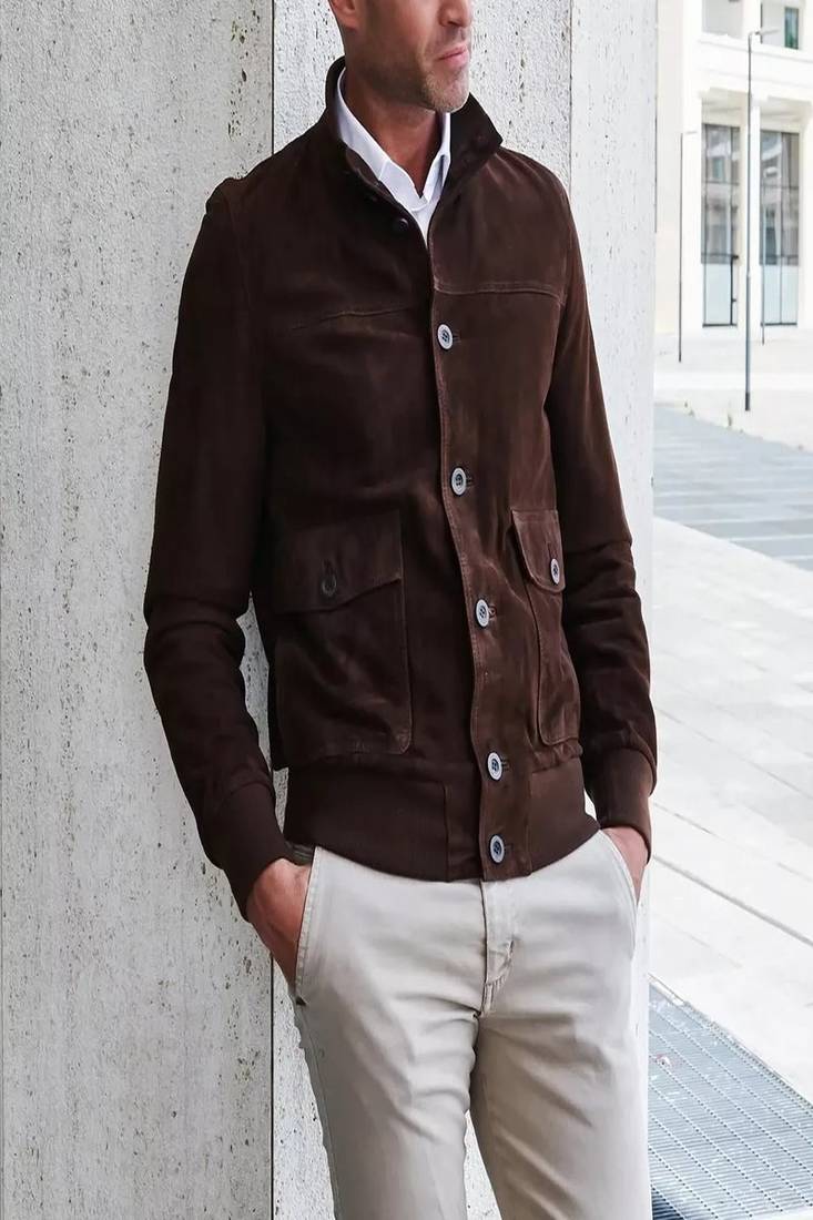 Men’s brown suede leather jacket –slim fit  genuine leather button style jacket