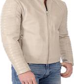 Creamy white quilted genuine leather biker jacket motorcycle zipper jacket