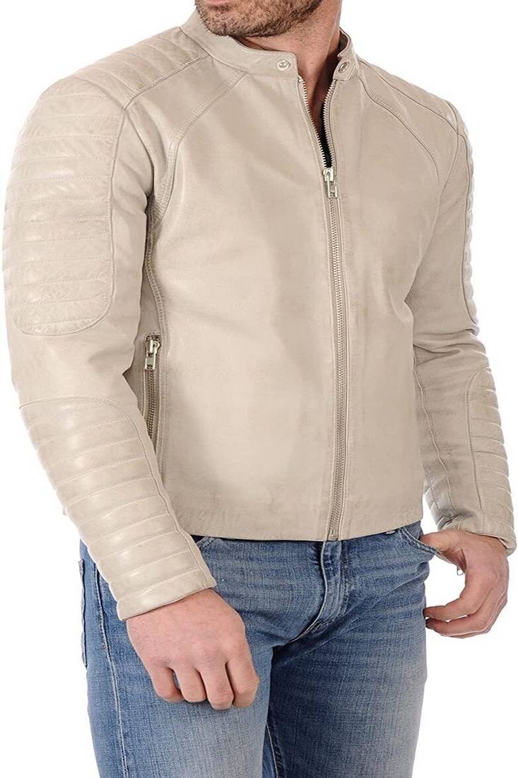 Creamy white quilted genuine leather biker jacket motorcycle zipper jacket