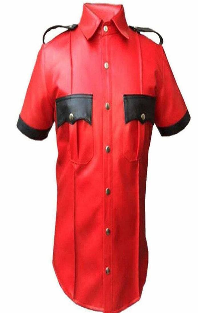 Men’s red genuine leather shirt slim fit button-up casual biker style leather shirt