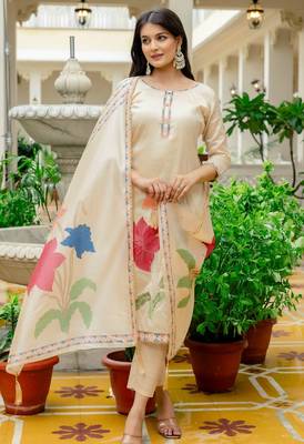 beige floral printed cotton kurta set 2