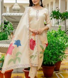 beige floral printed cotton kurta set