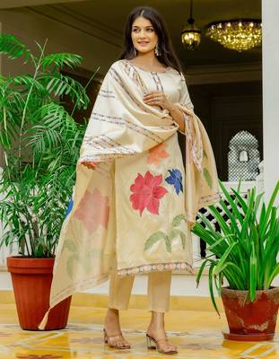 beige floral printed cotton kurta set 3