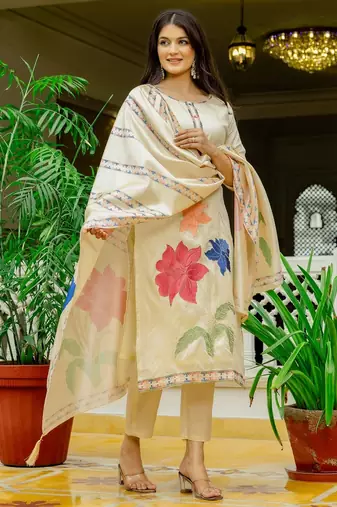 beige floral printed cotton kurta set