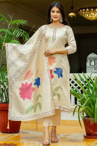 beige floral printed cotton kurta set