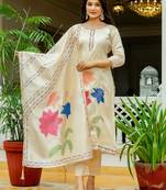 beige floral printed cotton kurta set