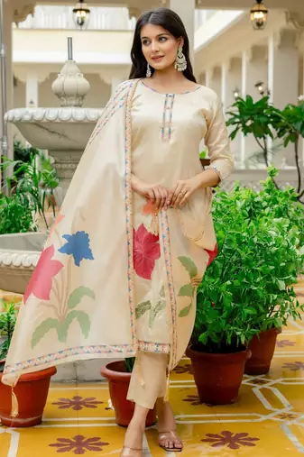 beige floral printed cotton kurta set