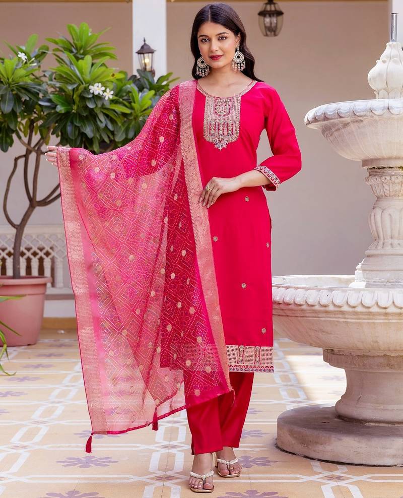 dark pink embroidered kurta set