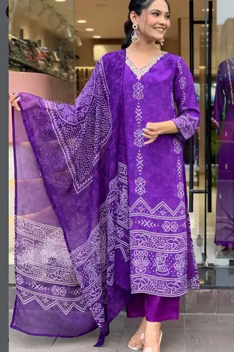 purple bandhani printed kurta set