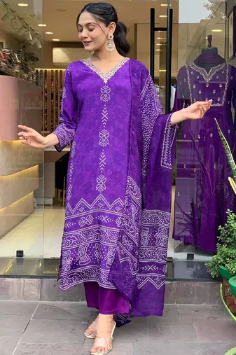 purple bandhani printed kurta set