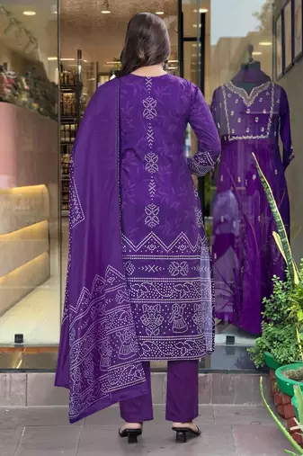 purple bandhani printed kurta set