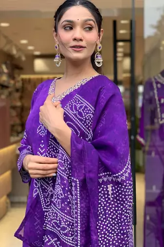 purple bandhani printed kurta set
