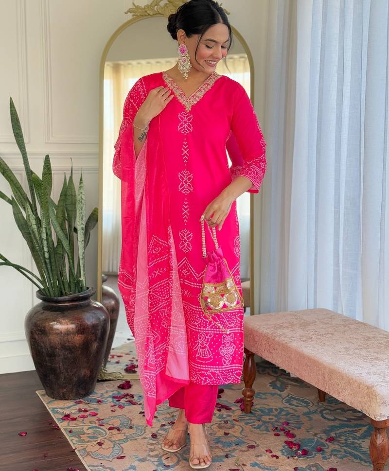 pink bandhani printed kurta set