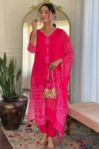 pink bandhani printed kurta set
