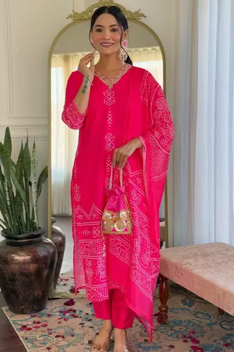pink bandhani printed kurta set