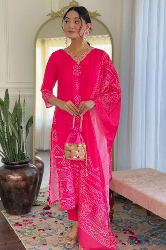 pink bandhani printed kurta set