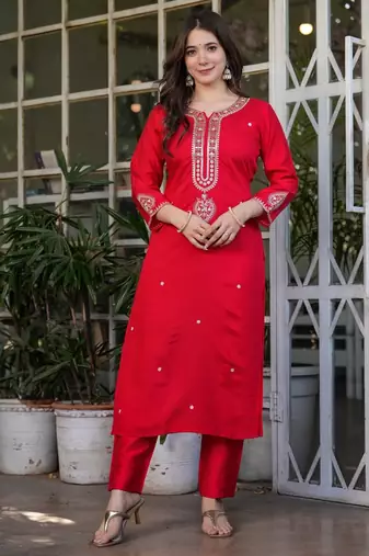 red embroidered kurta set