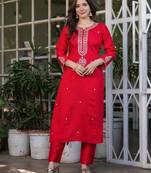 red embroidered kurta set