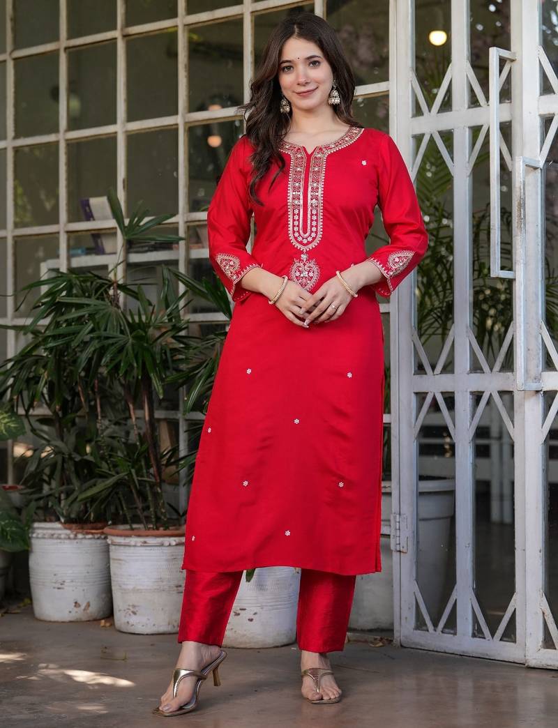 red embroidered kurta set