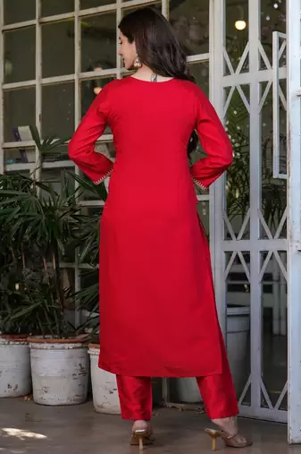 red embroidered kurta set