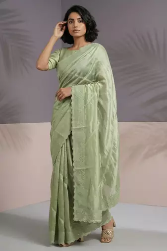 Light green thread & sequin embroidery border work organza silk  