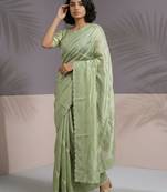 Light green thread & sequin embroidery border work organza silk  