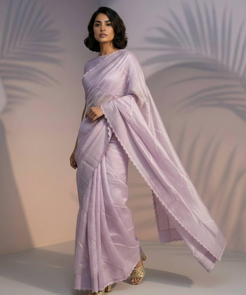 Pink thread & sequin embroidery border work organza silk  