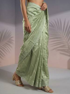 Light green thread & sequin embroidery border work organza silk   5