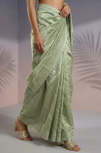 Light green thread & sequin embroidery border work organza silk  