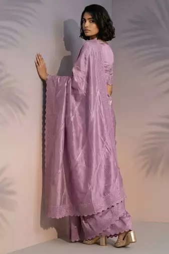 Pink thread & sequin embroidery border work organza silk  