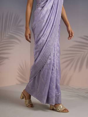 Lavender thread & sequin embroidery border work organza silk 5