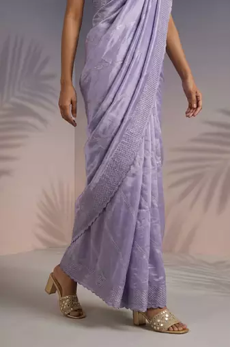 Lavender thread & sequin embroidery border work organza silk