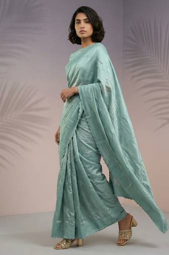 Sea green thread & sequin embroidery border work organza silk