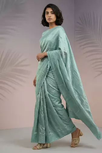 Sea green thread & sequin embroidery border work organza silk