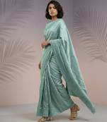 Sea green thread & sequin embroidery border work organza silk