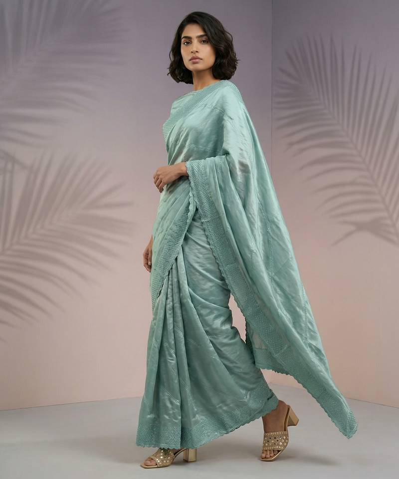 Sea green thread & sequin embroidery border work organza silk