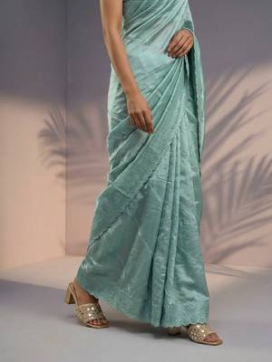 Sea green thread & sequin embroidery border work organza silk 4