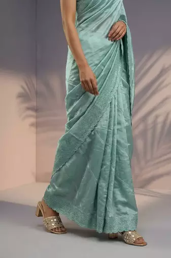 Sea green thread & sequin embroidery border work organza silk