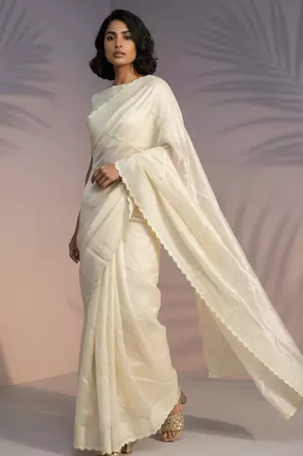 Off white thread & sequin embroidery border work organza silk