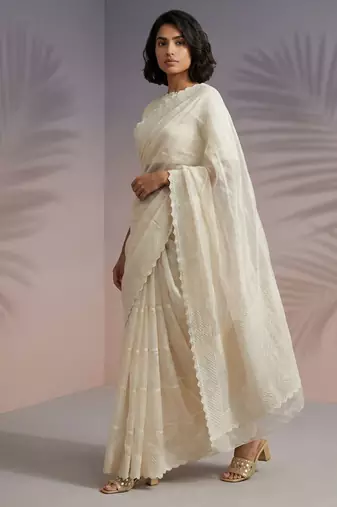 Off white thread & sequin embroidery border work organza silk