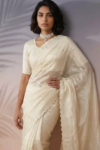 Off white thread & sequin embroidery border work organza silk