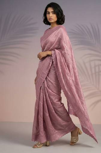 Peach thread & sequin embroidery border work organza silk  